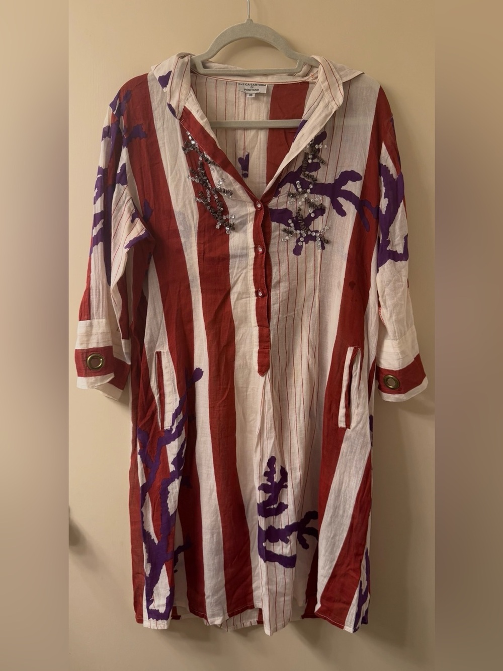 Antica Sartoria Striped Coral Beaded Beach Tunic Dress Italian Resort Vacay Sz M